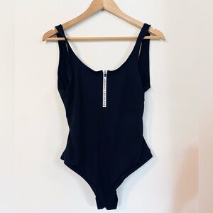 Armani Exchange One Piece Swimsuit Front Zip Low Back Cheeky Black S EUC